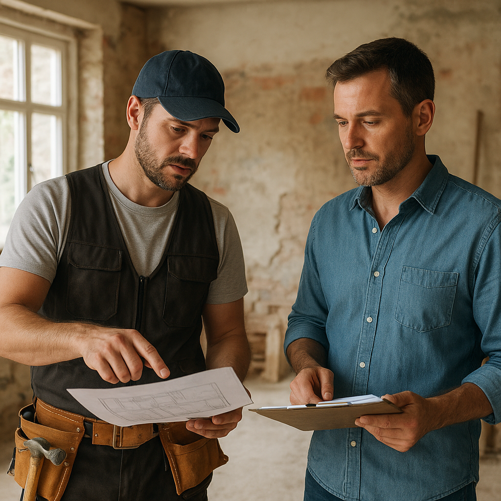 Rénovation d’une maison ancienne : budget à prévoir poste par poste 3 Artisan et propriétaire en train d’étudier le budget de rénovation