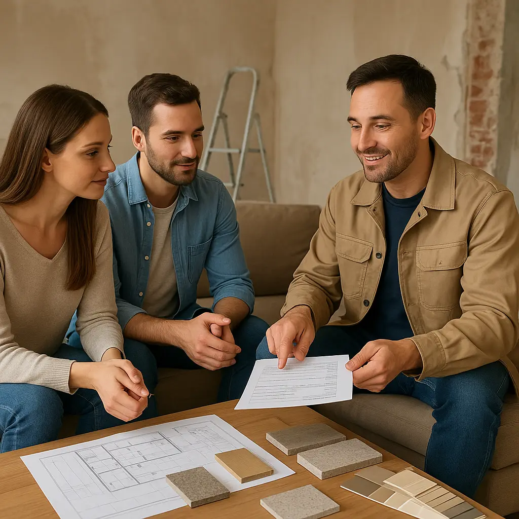 Artisan expliquant un devis de rénovation à des particuliers