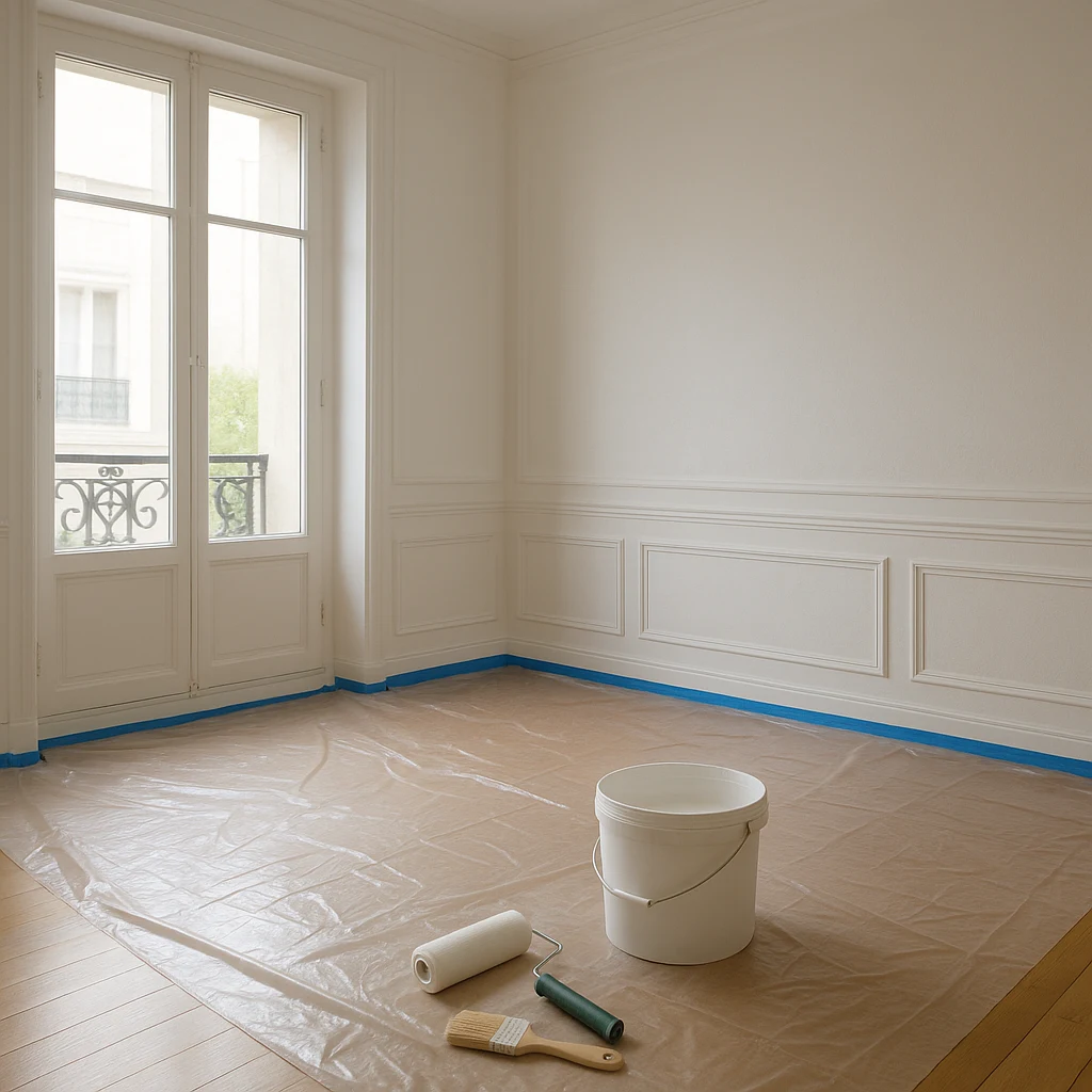 Pièce préparée avec les outils pour peindre un mur soi-même