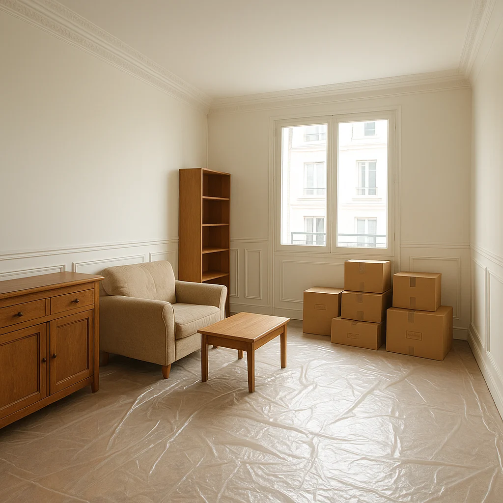 Préparation d’un chantier de rénovation dans un salon avec protections et rangement