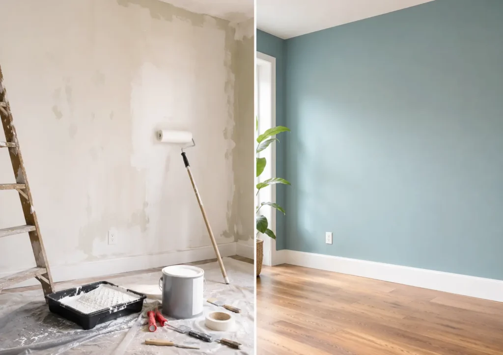 Préparation d'un mur avant peinture avec rebouchage, ponçage et sous-couche pour obtenir une finition uniforme.