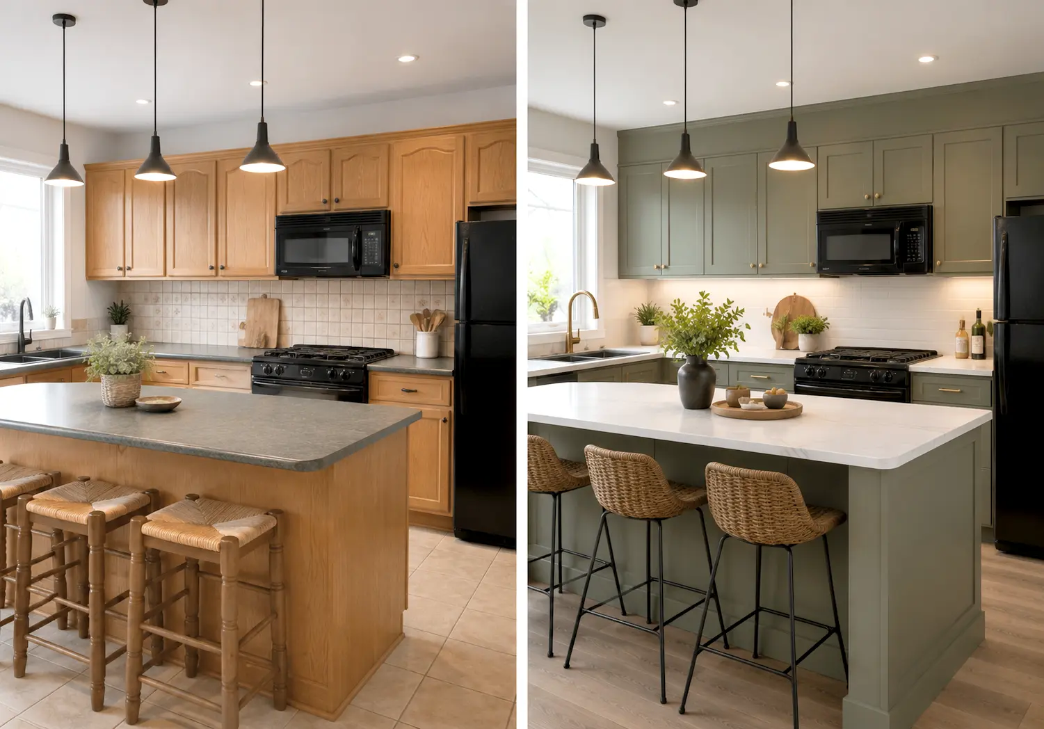 Avant et après d'une même cuisine relookée avec des meubles repeints, un nouveau plan de travail et une décoration moderne sans remplacer la cuisine.