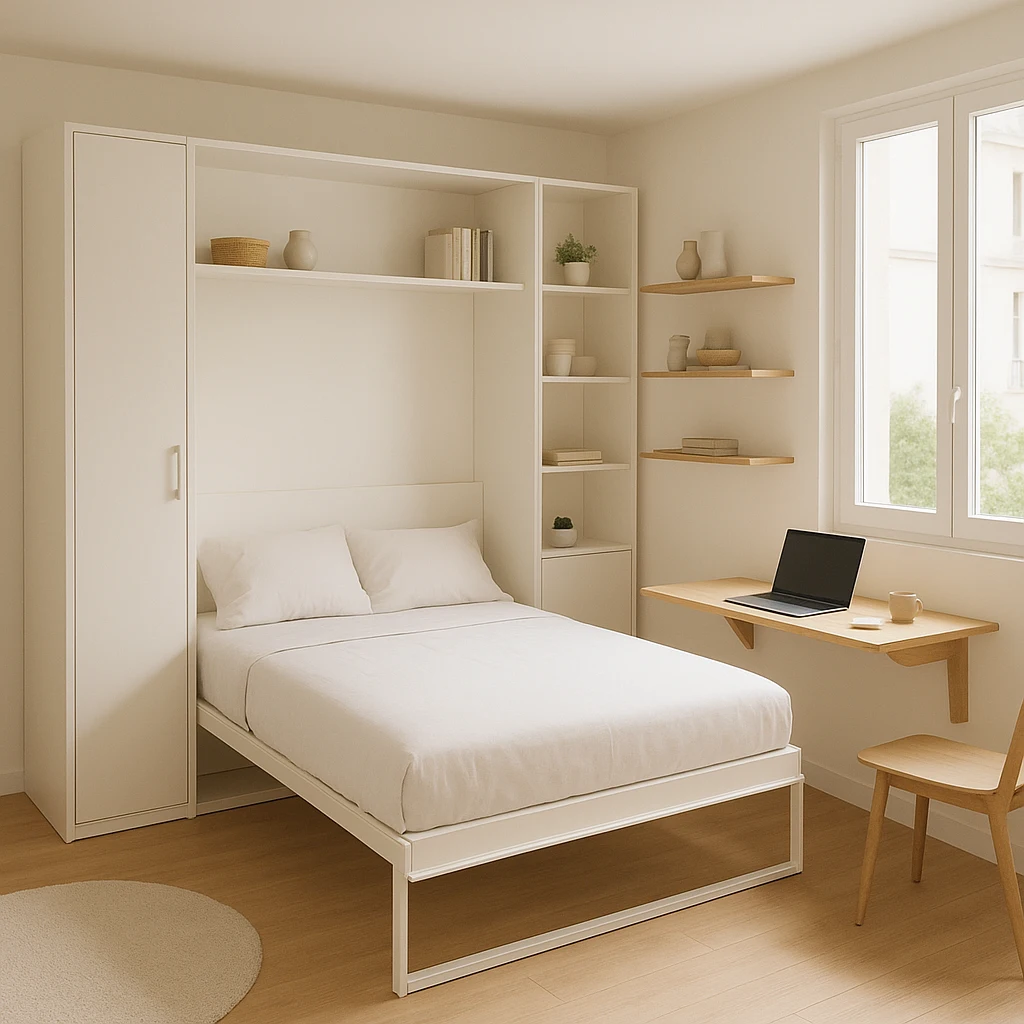 Studio optimisé avec lit escamotable et meuble pliant pour petit espace