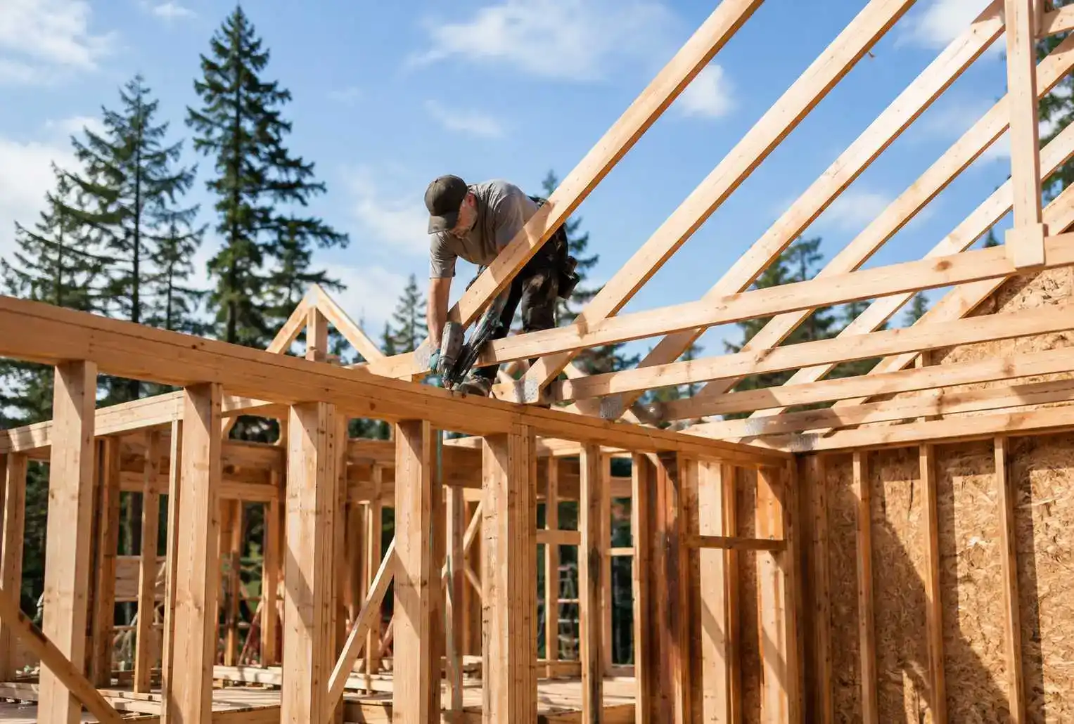 Construction d’une charpente en bois pour une maison avec assemblage de la structure