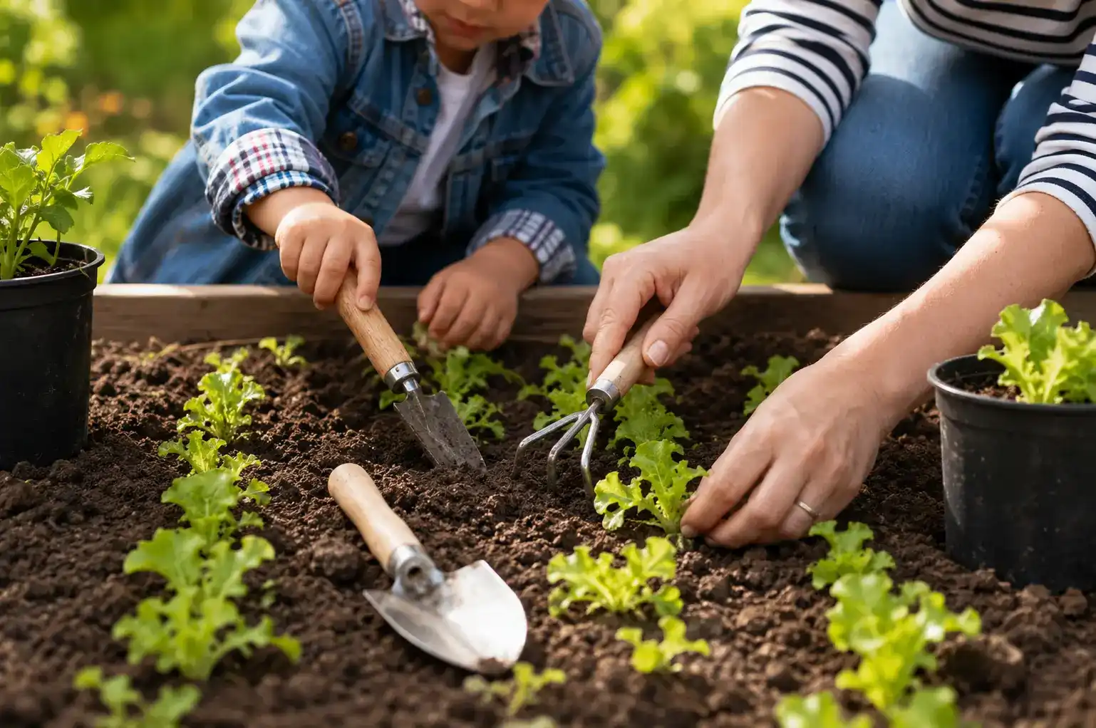 Plantation de salades dans un potager familial organisé près de la maison