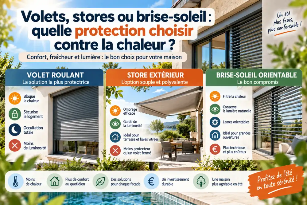 Affiche extérieure avec trois sections colorées: volet roulant bleu, store orange et brise-soleil vert, devant une façade et terrasse.