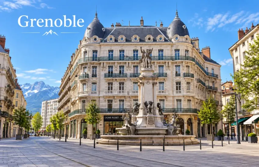 Grand bâtiment historique à façades claires et toits mansardés, statue-fontaine centrale, texte Grenoble en haut à gauche, montagnes enneigées visibles à l'arrière-plan.
