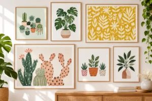 Six cadres en bois clair accrochés sur un mur beige, présentant des illustrations de plantes et cactus, avec des plantes en pot autour.