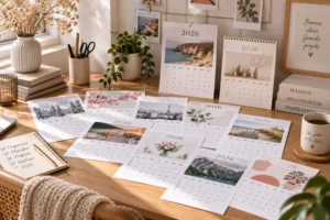 Plusieurs calendriers 2026 imprimés avec photos de paysages, disposés sur une table en bois, entourés de plantes, cahiers et tasse.