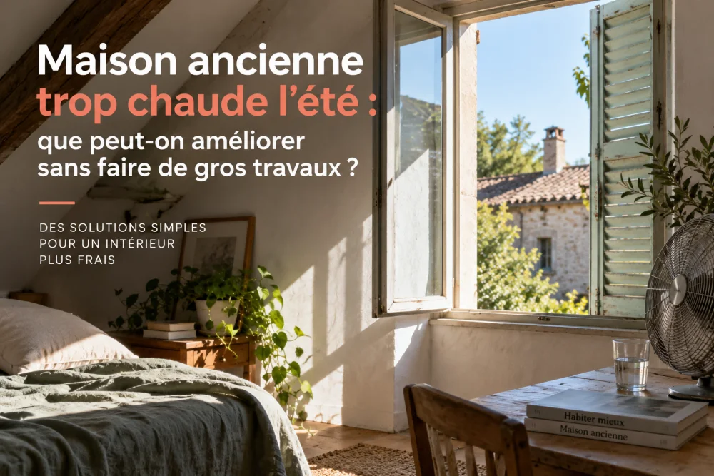 Chambre ancienne éclairée par une grande fenêtre ouverte avec volets bleu vert; lit à gauche, plante sur table, ventilateur sur le meuble.