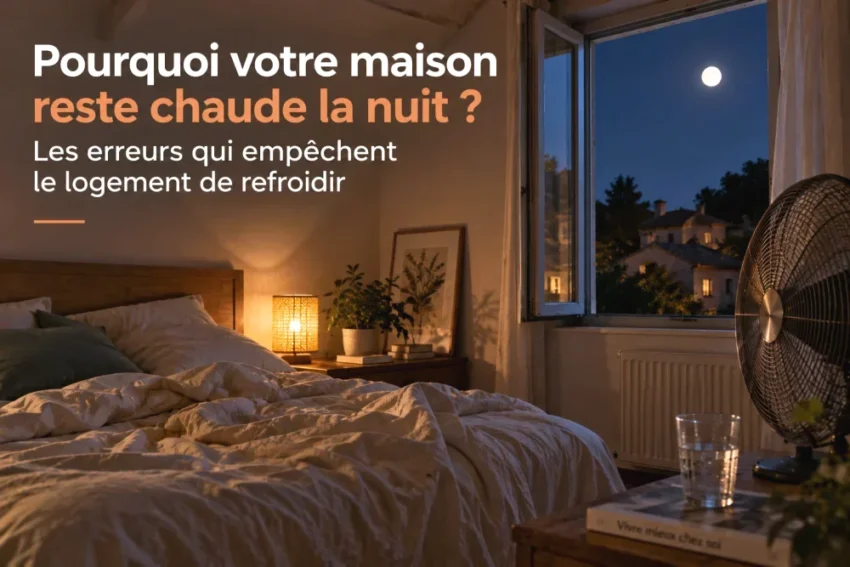 Chambre sombre éclairée par une lampe de chevet, lit défait, plante et cadre mural, fenêtre ouverte laissant entrevoir la lune.