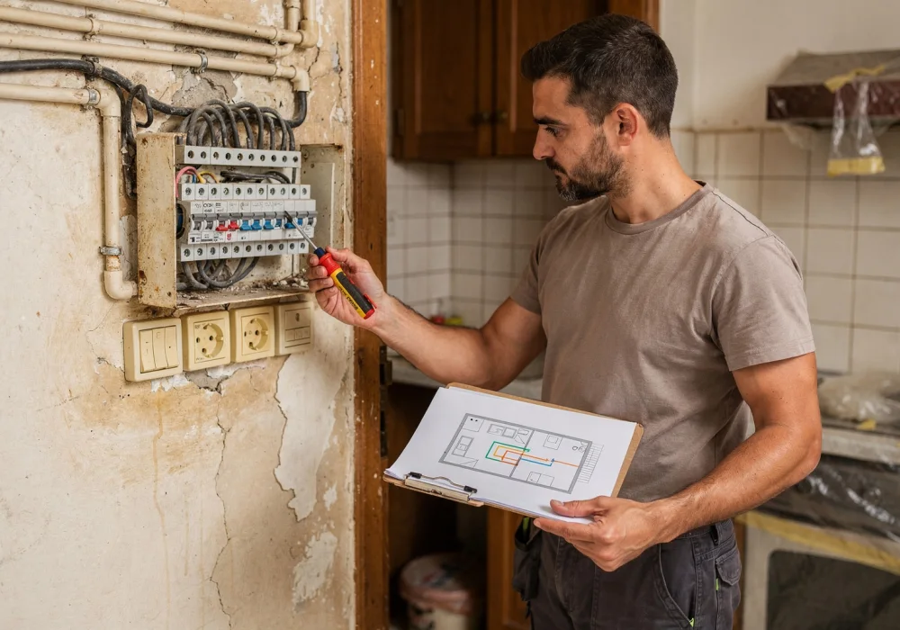 Comment repérer les signes d’une installation électrique ancienne avant d’acheter une maison ? 2 electricien examine ancien tableau electrique