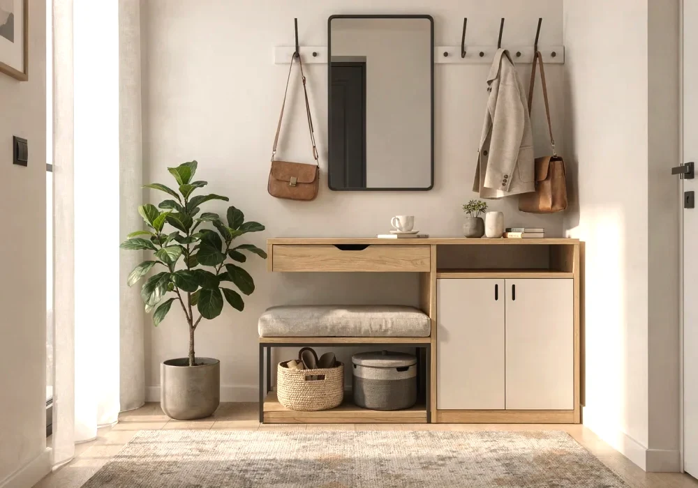 Entree lumineuse et bien organisee: console en bois clair avec tiroir, miroir au centre, banc-coffre et rangement, paniers sous le banc et plante verte.