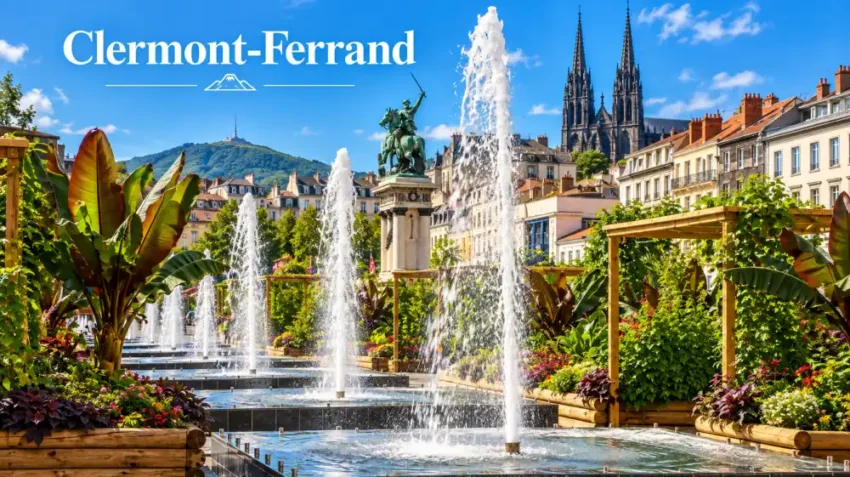 Vue d'une place urbaine ensoleillée: fontaine centrale entourant une statue équestre, jardins et façades colorées, cathédrale gothique en arrière-plan.