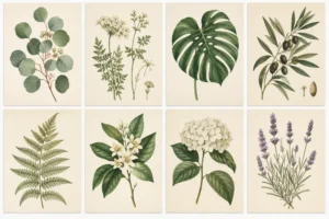 Huit illustrations botaniques sur fond beige, disposées en grille, montrant eucalyptus, fougères, monstera, olive, hortensia et lavande.