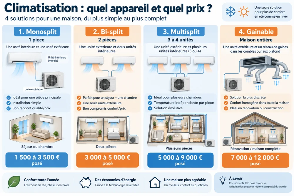 Infographie divisée en quatre colonnes montrant monosplit, bi-split, multisplit et gainable avec unités intérieures et extérieures et représentations de pièces
