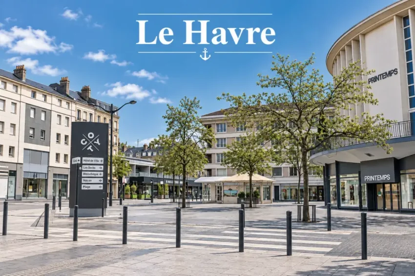 vue dune place pietonne ensolelee entouree d arbres et de batiments modernes; a droite le magasin printemps et une facade courbe
