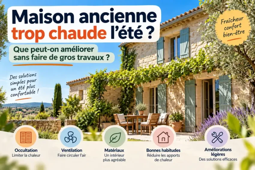 Maison en pierre avec volets bleus, terrasse en bois décorée de plantes; table et chaises dehors, entourée de verdure et d'un ciel bleu.
