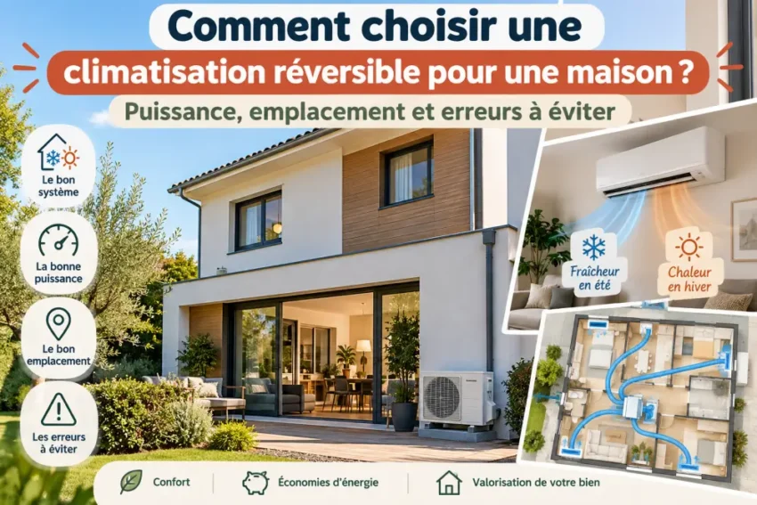 maison moderne a deux etages avec grande baie vitree donnant sur terrasse; unite exterieure de climatisation et elements graphiques dinfographie