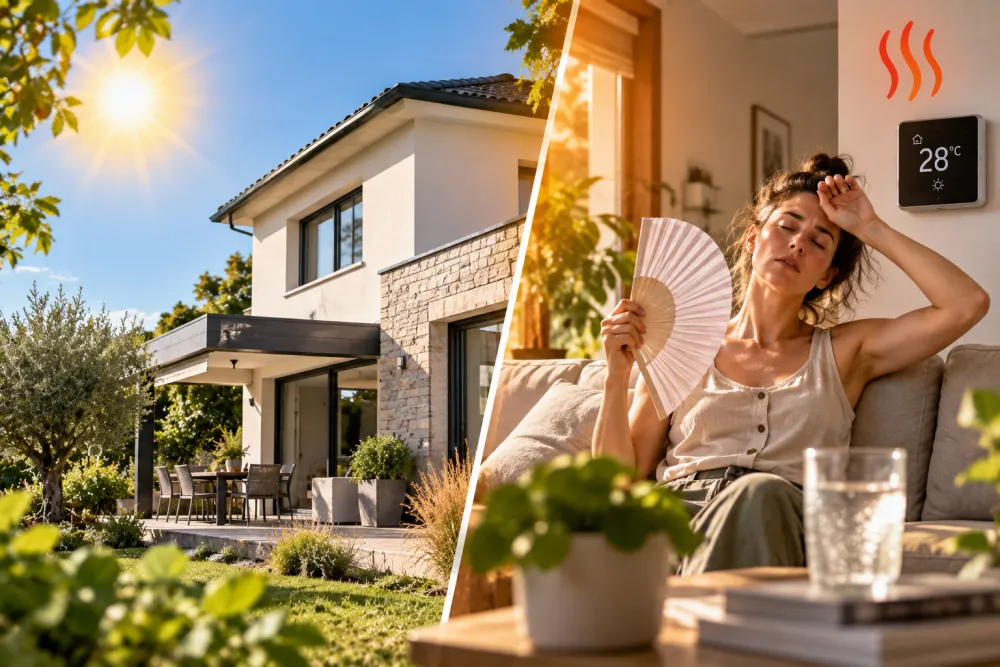 côté extérieur, maison moderne blanche avec terrasse, table et chaises sous soleil éclatant; côté intérieur, femme assise sur canapé avec éventail et thermostat 28°C