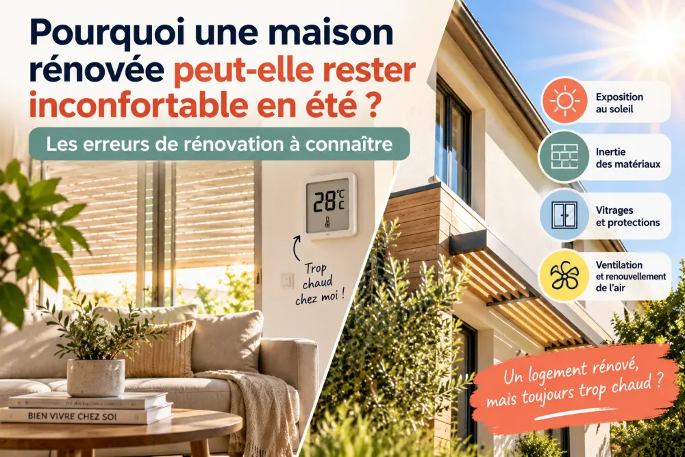 Salon lumineux gauche avec canapé beige et plante; thermostat affiche 28°C et note 'Trop chaud chez moi', droite facade moderne sous soleil.