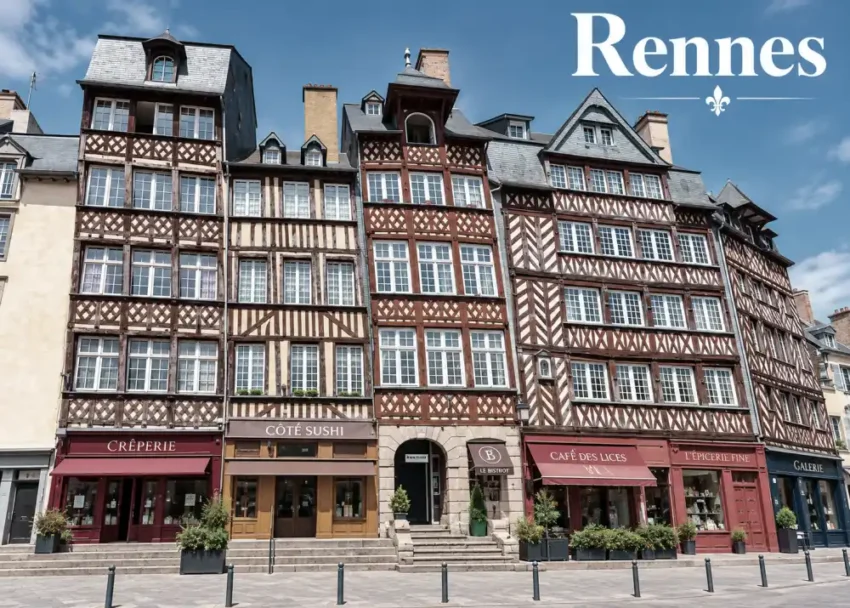 Immobilier à Rennes en 2026 : le marché immobilier retrouve-t-il des acheteurs ? 7 Rangée de maisons à colombages avec façades en bois et enduit clair, commerces au rez-de-chaussée sous auvents, escaliers et plantes en pots, ciel bleu