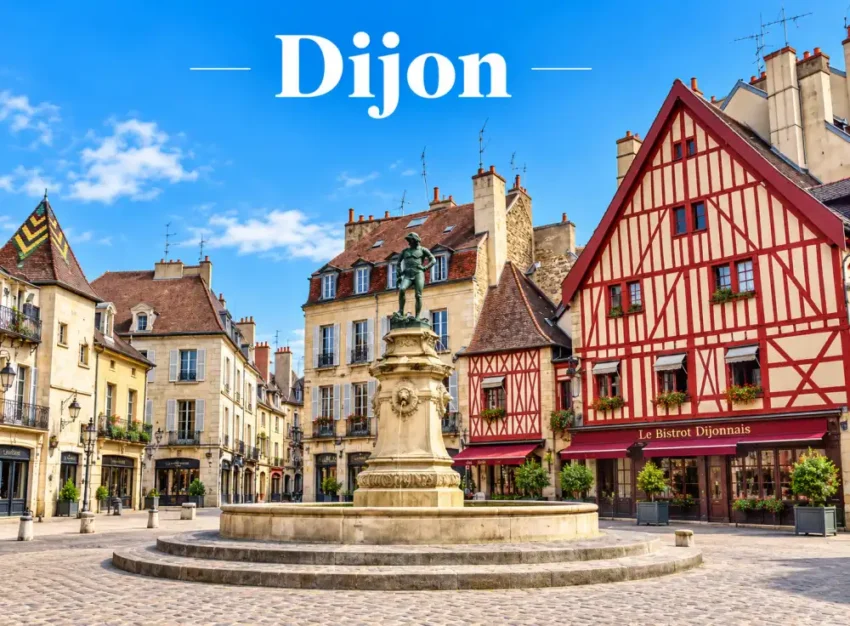Place pavée avec fontaine centrale et statue; à droite maisons à colombage rouges et texte 'Dijon' en haut de l'image.