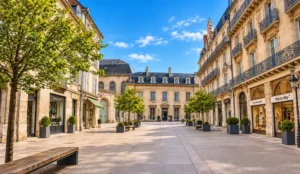 Vue frontale sur une place pietonne bordees dimmeubles en pierre, arbres en pots et batiment central au fond, ciel bleu.