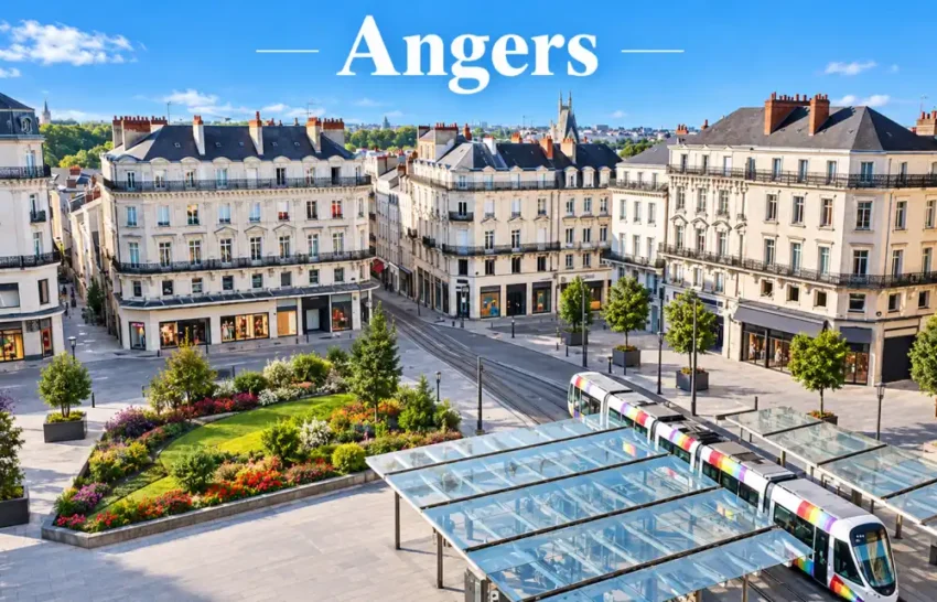 Vue aérienne sur une place urbaine entourée d'immeubles blancs de style classique, tram sur rails et espaces verts au premier plan.