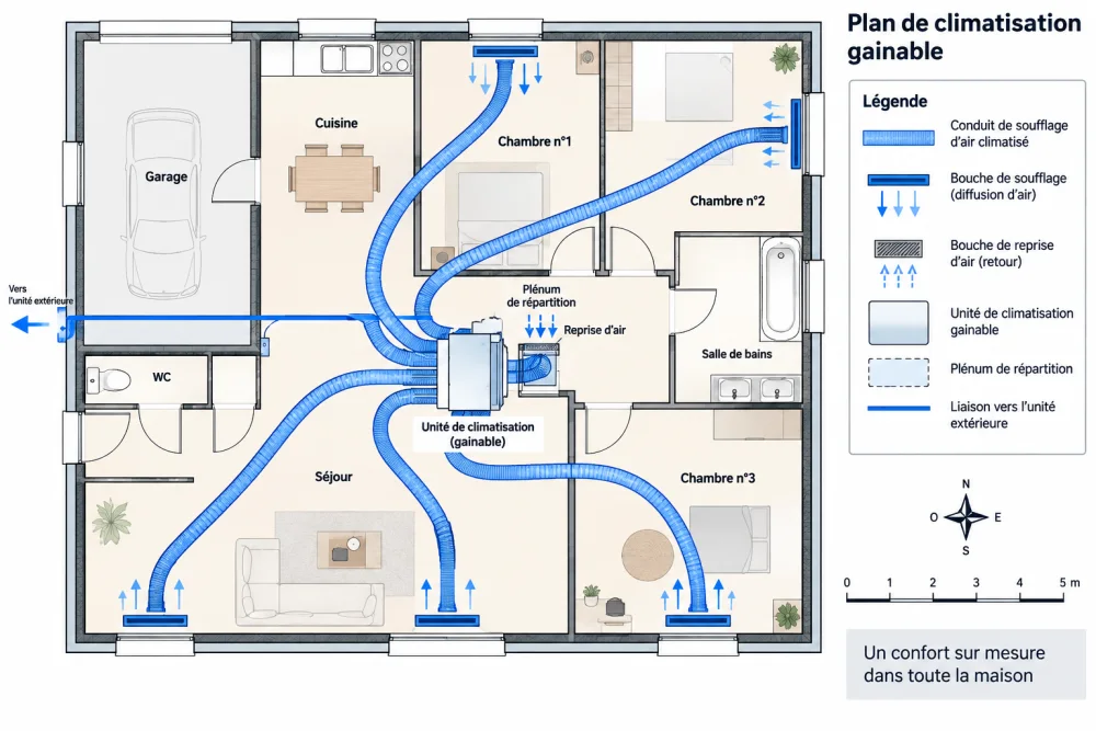 Clim maison : combien de kW faut-il vraiment ? La méthode simple pour éviter de surdimensionner 2 Plan architectural d'une maison montrant des conduits bleus d’air climatisé reliant une unité centrale aux chambres, séjour, cuisine et salle de bains.