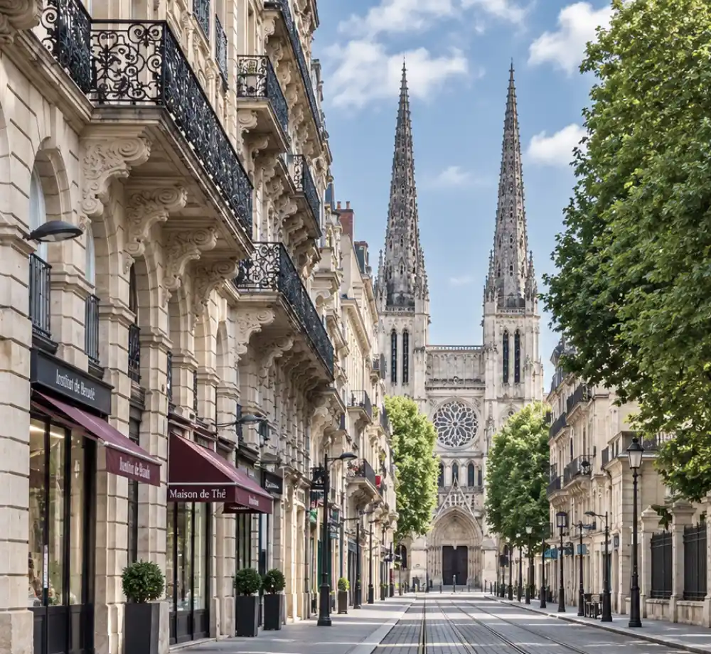 Rue bordée de bâtiments en pierre avec balcons en fer forgé, cafés sur le côté et une cathédrale gothique au fond, ciel bleu.