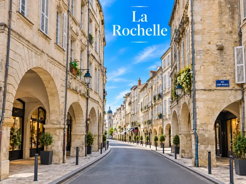 rue bordee d arcades en pierre avec magasins au rez-de-chaussees, lampadaires et plantes; tour au fond; ciel bleu clair; texte 'La Rochelle' dans le ciel