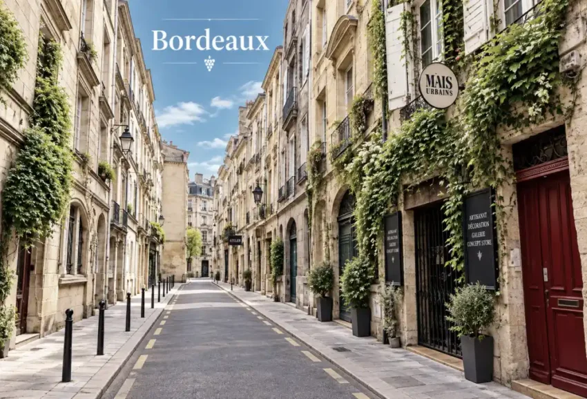 Vue d'une rue étroite bordant des bâtiments en pierre, volets blancs et plantes grimpantes, avec un ciel bleu clair.