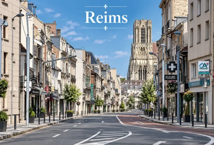 Vue d'une rue urbaine en perspective, façades variées, arbres en pots le long du trottoir, une grande cathédrale gothique au fond.