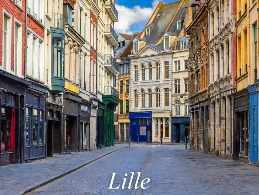 une rue pietonne borde des immeubles multicolores et des facades anciennes pavee de pierre ciel bleu