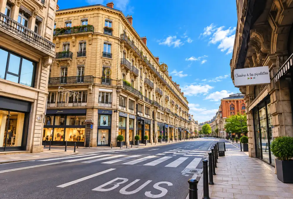 Perspective sur une rue urbaine avec façades beige, balcons en fer et vitrines de magasins, ciel bleu.