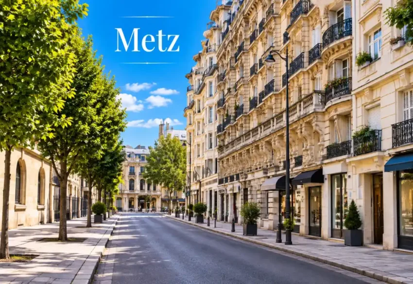 Rue calme avec arbres à gauche et façades beige à balcons en fer forgé à droite, ciel bleu et Metz en haut.