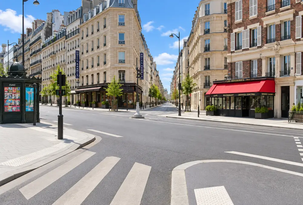 vue-dune-rue-haussmannienne-borde-d-immeubles-beige-et-creme-cafe-avec-auvent-rouge-a-droite-et-kiosque-a-affiches-a-gauche-ciel-bleu