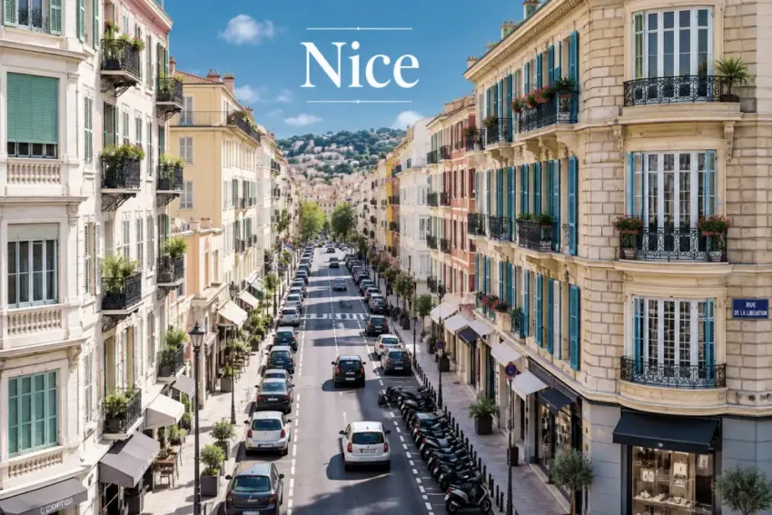Vue en hauteur d'une rue urbaine, bâtiments pastel, balcons fleuris et voitures garées des deux côtés, texte Nice en blanc au-dessus.