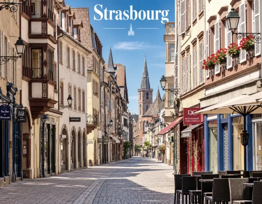 Immobilier à Strasbourg en 2026 : le marché peut-il retrouver son dynamisme ? 6 Rue piétonne pavée bordée de maisons alsaciennes colorées, toitures en tuiles, commerces, et cafés avec terrasse sur la droite, ciel bleu.