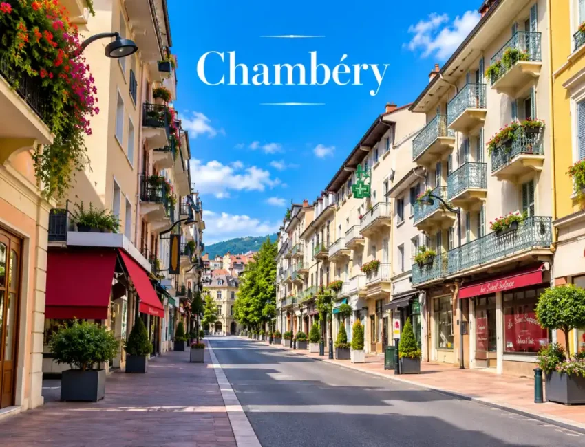 vue-d-ensemble-d-une-rue-pietonne-bordee-de-batiments-clairs-avec-balcons-en-fer-forge-et-fleurs-ciel-bleu-et-montagnes-a-l-arriere-plan