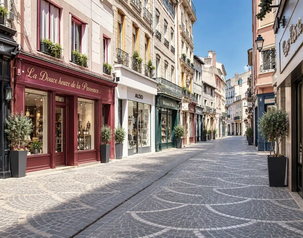 vue sur une rue pietonne bordees de commerces aux facades colorees vitrines lumineuses grands pots avec des arbres ciel bleu clair