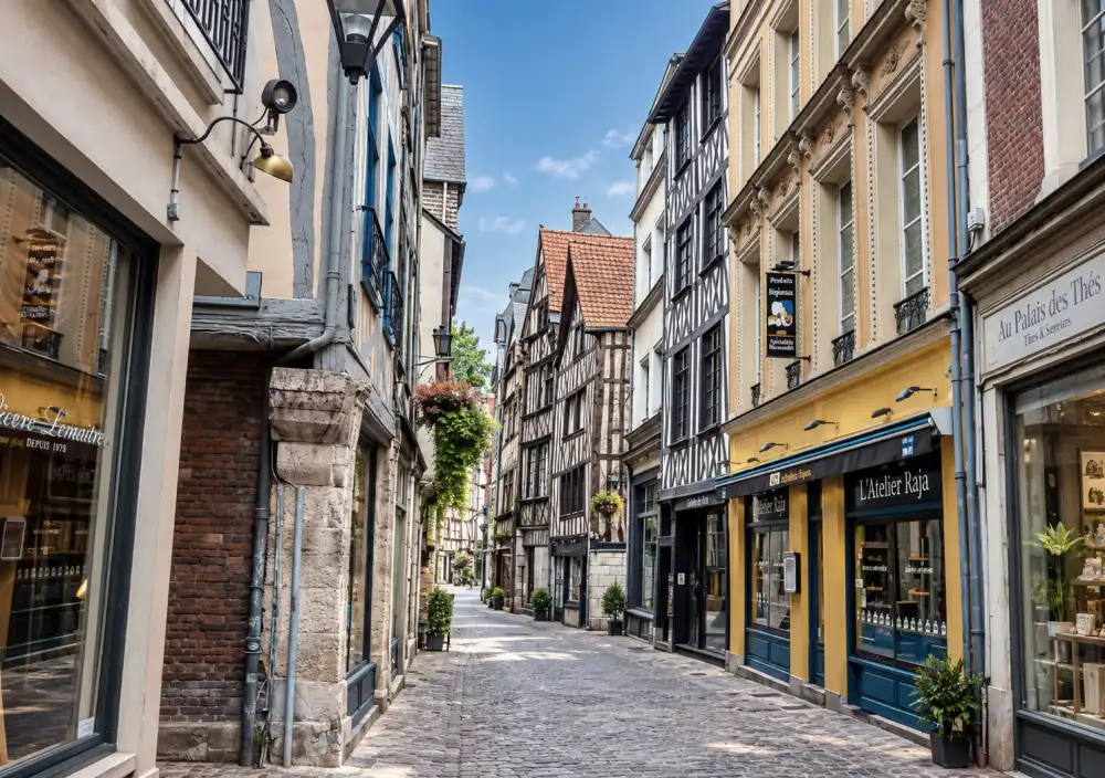 Vue d'une ruelle pavée bordée de maisons à colombages, boutiques colorées, pots de fleurs et ciel bleu lumineux.