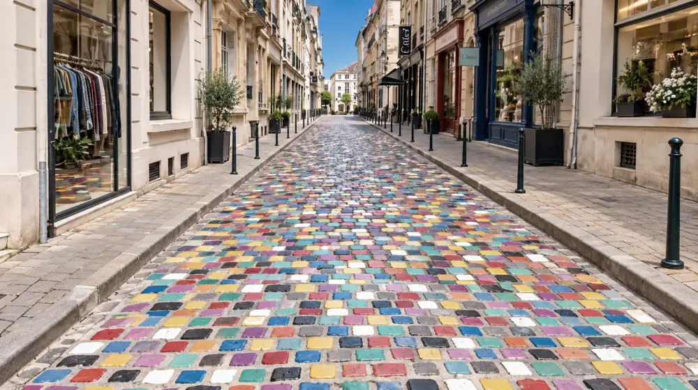 Perspective longue sur une rue piétonne avec pavage coloré et carreaux multicolores, magasins vitrines et plantes en pot, signes L'Atelier visibles.