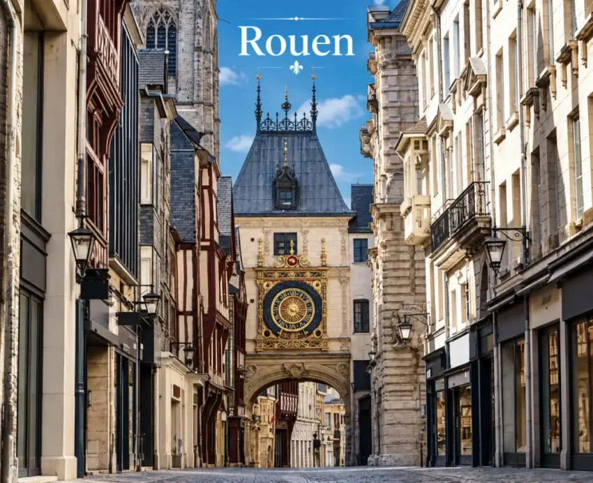Rue pavée entourée de bâtiments anciens, au fond l horloge dorée du Gros-Horloge sous un ciel bleu