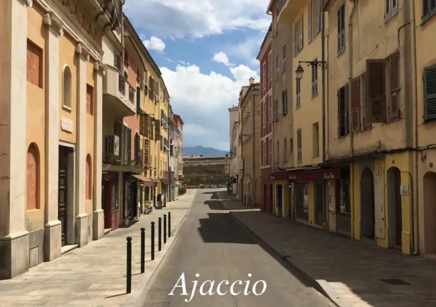 Immobilier à Ajaccio en 2026 : jusqu’où peuvent monter les prix en Corse ? 5 Vue d'une rue piétonne bordée d'immeubles pastel à Ajaccio, lampadaire, fenêtres à volets, ciel bleu.