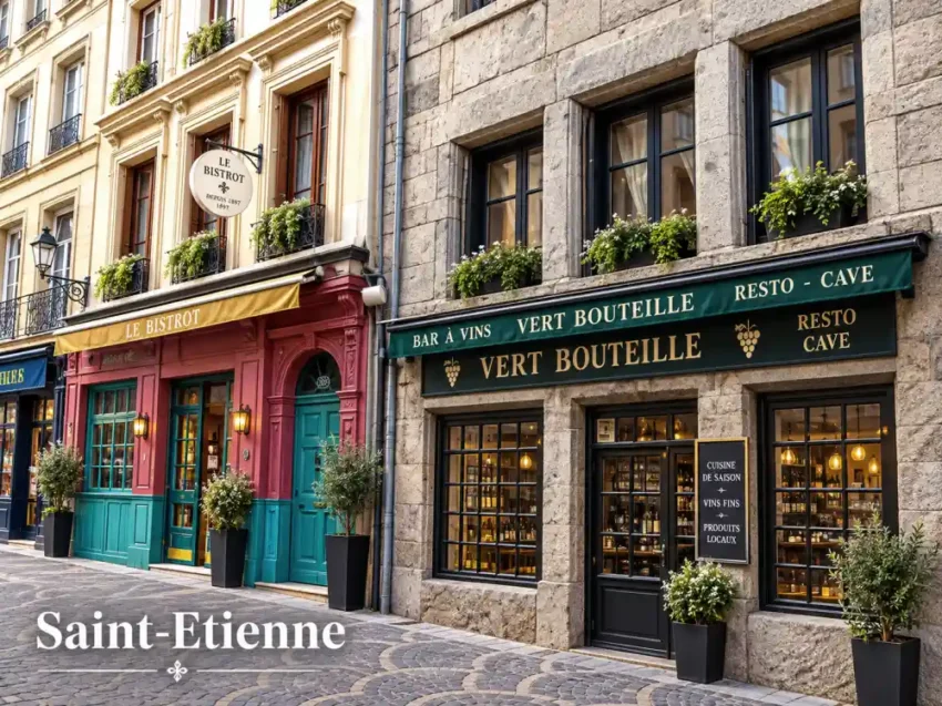 vue d'une rue pavée avec deux commerces: bistrot coloré et cave à vins, fenêtres et plantes en pot; l'inscription Saint-Etienne en bas à gauche
