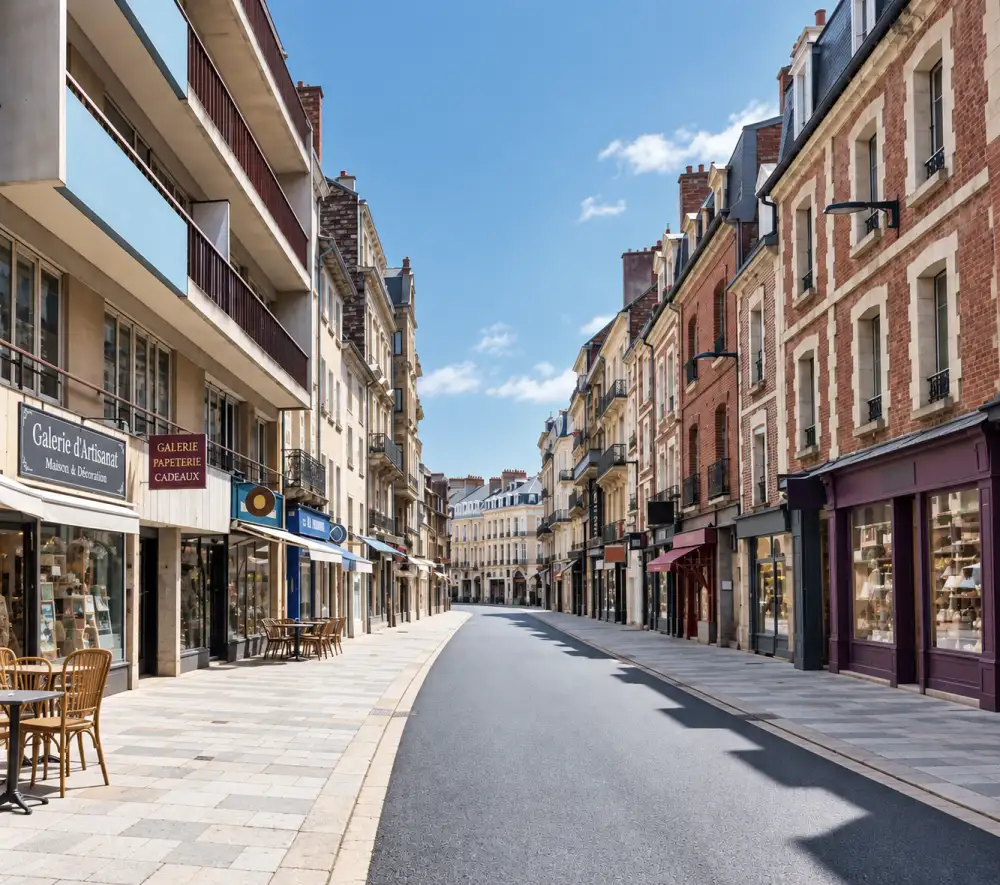 Immobilier à Rennes en 2026 : le marché immobilier retrouve-t-il des acheteurs ? 2 Vue d'une rue commerçante pavée, rangées de bâtiments en briques et pierre, terrasses et vitrines éclairées, ciel clair.