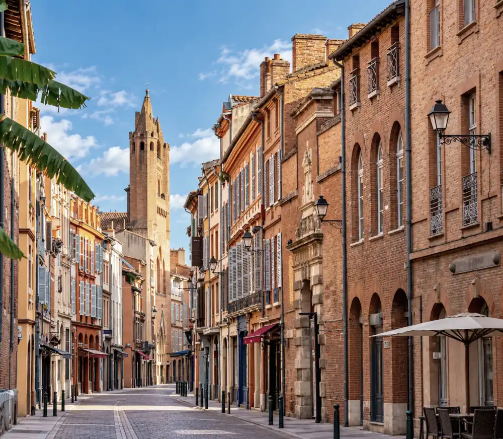 Vue d’une rue piétonne bordée de façades en briques, fenêtres à volets et lampadaires, avec une tour élancée au fond et un ciel bleu.