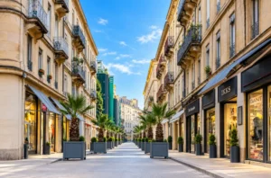 Vue en perspective d'une rue commerciale piétonne, avec immeubles en pierre beige, balcons en fer forgé et palmiers en pots le long du trottoir.